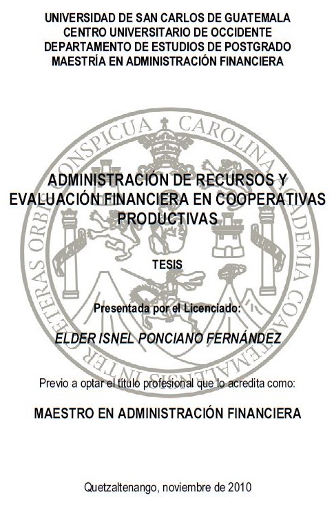 ADMINISTRACIÓN DE RECURSOS Y EVALUACIÓN FINANCIERA EN COOPERATIVAS PRODUCTIVAS 