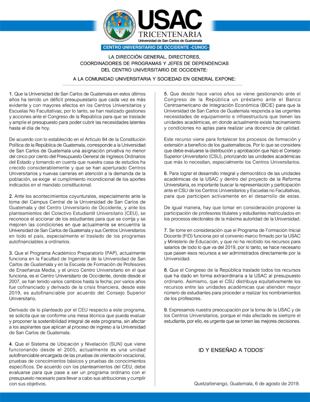 Comunicado de CUNOC