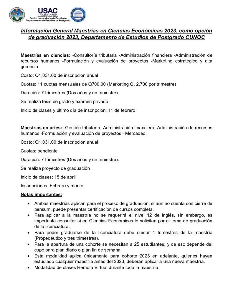 Información de Maestrías en Ciencias Económicas
