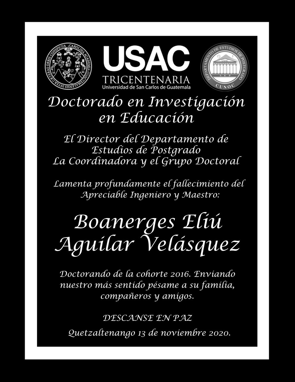 Esquela Msc Boanerges Aguilar