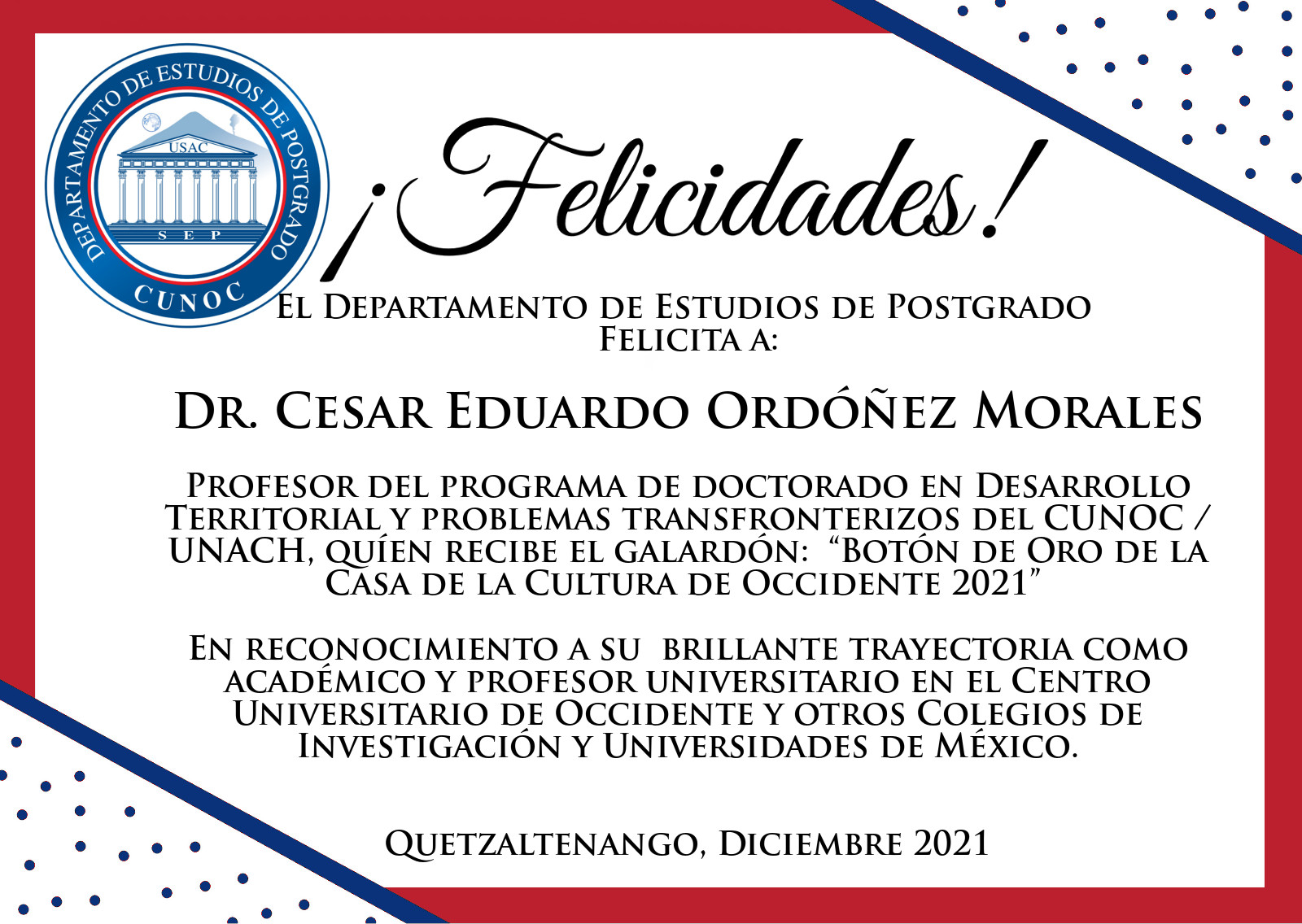 Felicitación Dr. Cesar Ordoñez